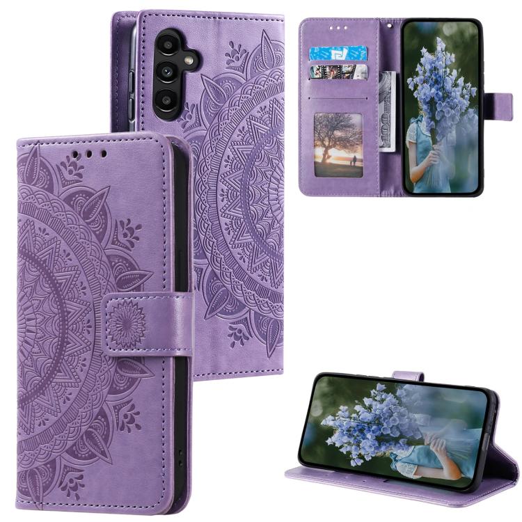Funda de piel con relieve de flor tótem y cordón para Samsung Galaxy A17 5G (morado)