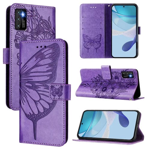 Funda de Cuero Cubot P50 Diseño Mariposa En Relieve (Morado Claro)