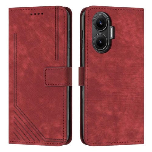 Funda de piel con estampado de rayas y cordón para Xiaomi Poco F7 (roja)