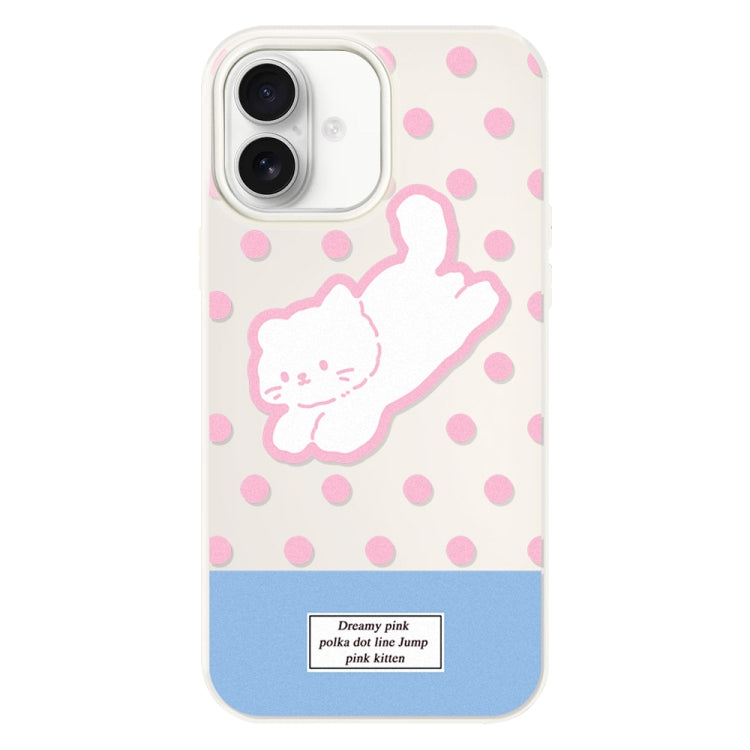 Funda Híbrida TPU y Policarbonato para iPhone 16 Plus (Gatito con Lunares en Blanco)