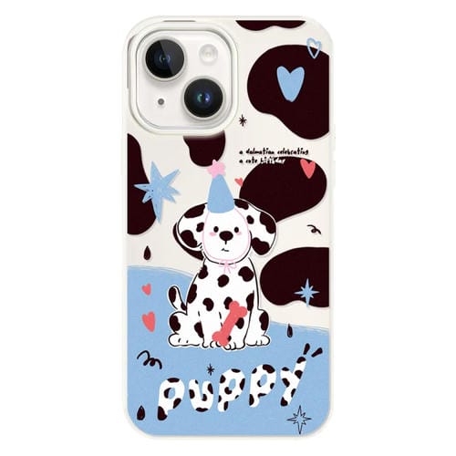 Funda híbrida TPU y PC iPhone 14 Tacto Sedoso (Cachorro Manchado Blanco)