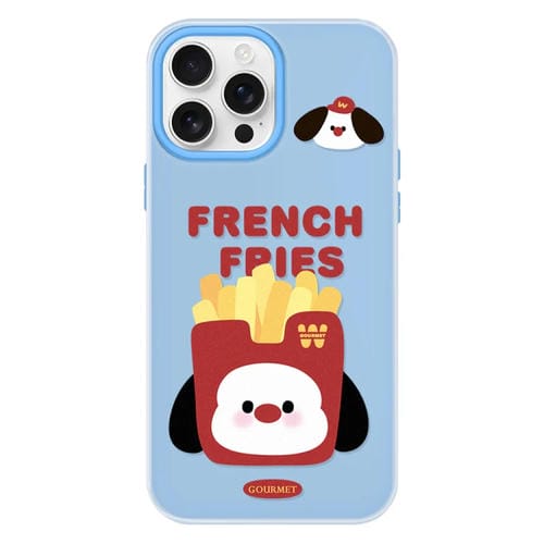 Funda híbrida TPU y Policarbonato iPhone 15 Pro Max Patatas Fritas Cachorro (Azul)