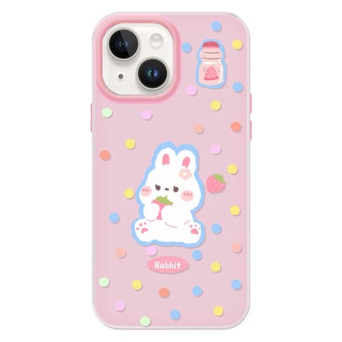 Funda híbrida TPU Policarbonato iPhone 15 Plus con Tacto Sedoso (Rosa Conejo con Lunares)
