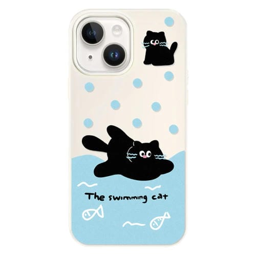 Funda híbrida TPU y PC iPhone 14 protección con diseño gato negro nadando (Blanco)