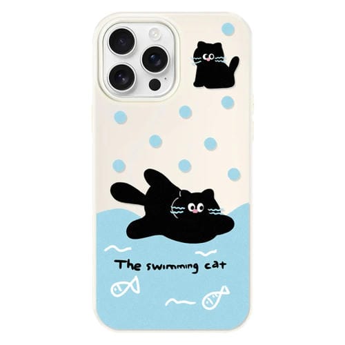 Funda híbrida TPU y PC iPhone 14 Pro Tacto Sedoso (Gato Negro Nadando en Blanco)