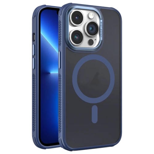 Estuche para Teléfono Magsafe iPhone 13 Pro Marco Metal Esmerilado Piel Enfriamiento (Azul)