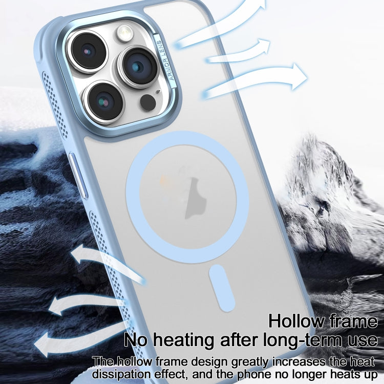 Estuche para Teléfono Magsafe con Marco de Lente de Metal Esmerilado y Sensación de Piel con Enfriamiento Lateral de Hardware para iPhone 14 (Azul Cielo)
