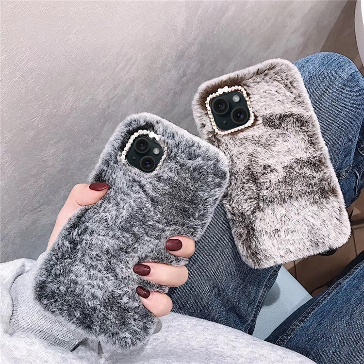 Funda de Teléfono Felpa con Anillo Lente Diamante iPhone 14 Pro Max (Gris)