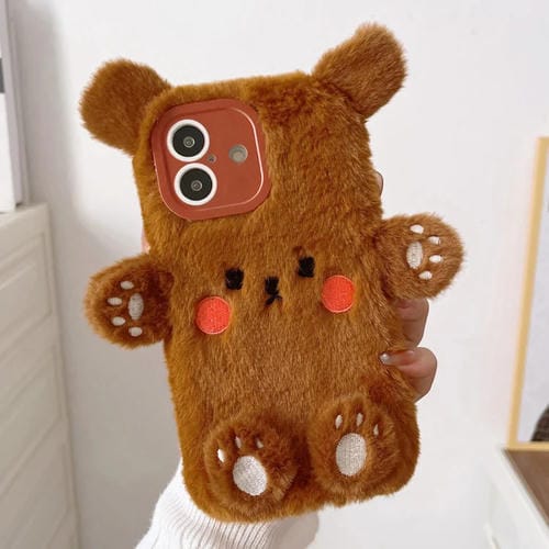 Funda para iPhone 16 Osito de Peluche Sonriente en 3D (Marrón)