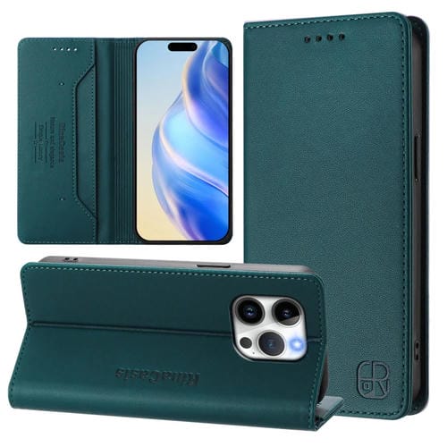 Funda de Cuero iPhone 15 Pro Rc01 Doble Pliegue Succión Magnética (Verde Oscuro)