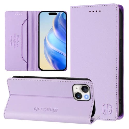 Funda de Cuero para iPhone 15 Plus Rc01 con Doble Pliegue y Succión Magnética (Morado Claro)