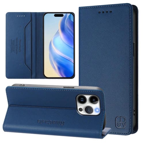 Funda de Cuero con Doble Pliegue y Succión Magnética para iPhone 13 Pro Rc01 (Azul Oscuro)