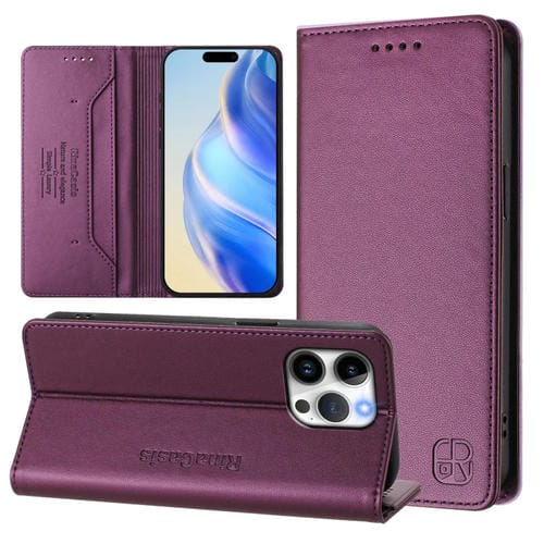 Funda de Cuero Rc01 para iPhone 13 Pro con Doble Pliegue y Succión Magnética (Violeta)