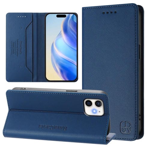 Funda de Cuero Rc01 para iPhone 11 con Doble Pliegue y Succión Magnética (Azul Oscuro)