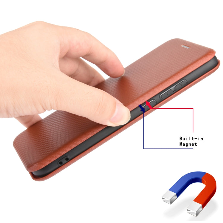 Para Nokia 5.3 Carcasa de cuero con tapa magnética horizontal con textura de fibra de carbono TPU + PC + PU con ranura para tarjeta (marrón)