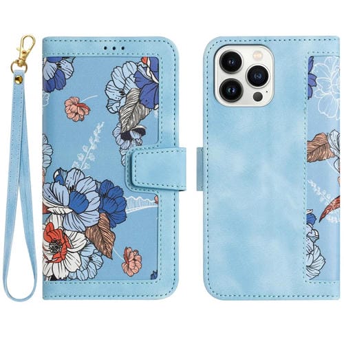 Funda de Cuero para iPhone 16 Pro Max con Estampado Floral y Cordón (Azul Claro)