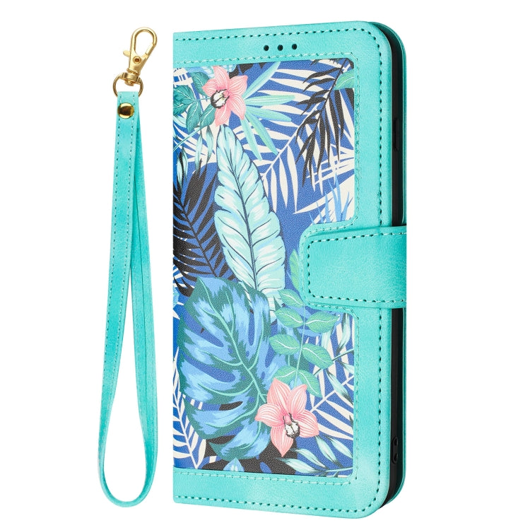 Funda de Cuero para iPhone 16E con Estampado Floral y Cordón (Verde)