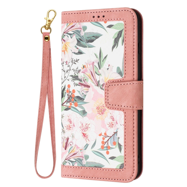 Funda de Cuero para iPhone 16E con Estampado Floral y Cordón (Rosa)