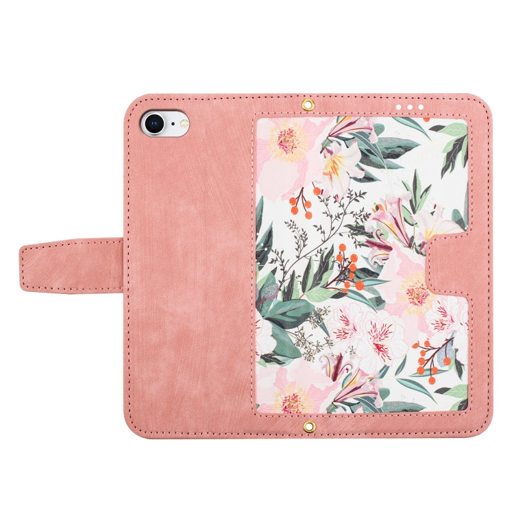 Funda de Cuero para iPhone 16E con Estampado Floral y Cordón (Rosa)