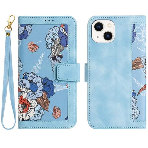 Funda de Cuero para iPhone 15 Plus Estampado Floral con Cordón (Azul Claro)