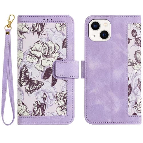 Funda de Piel para iPhone 14 con Estampado Floral y Cordón (Morado Claro)