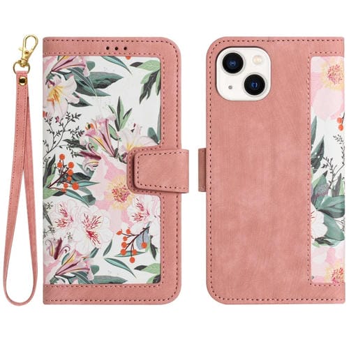 Funda de Piel con Estampado Floral para iPhone 14 con Cordón (Rosa)