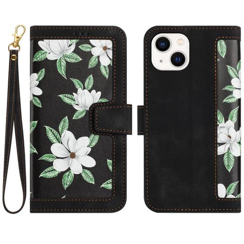 Funda de Piel para iPhone 14 con Estampado Floral y Cordón (Negro)