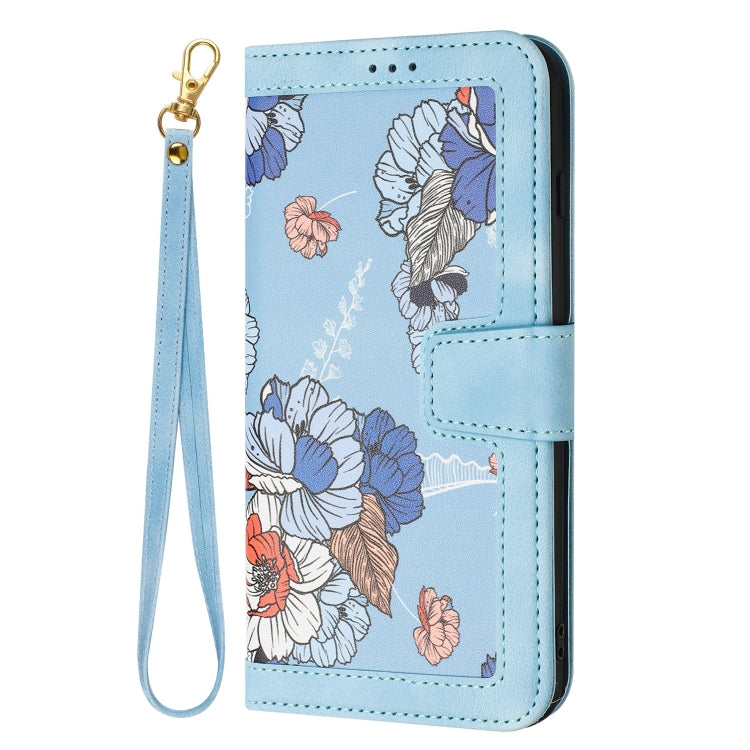 Funda de Cuero para iPhone 14 Pro con Estampado Floral y Cordón (Azul Claro)