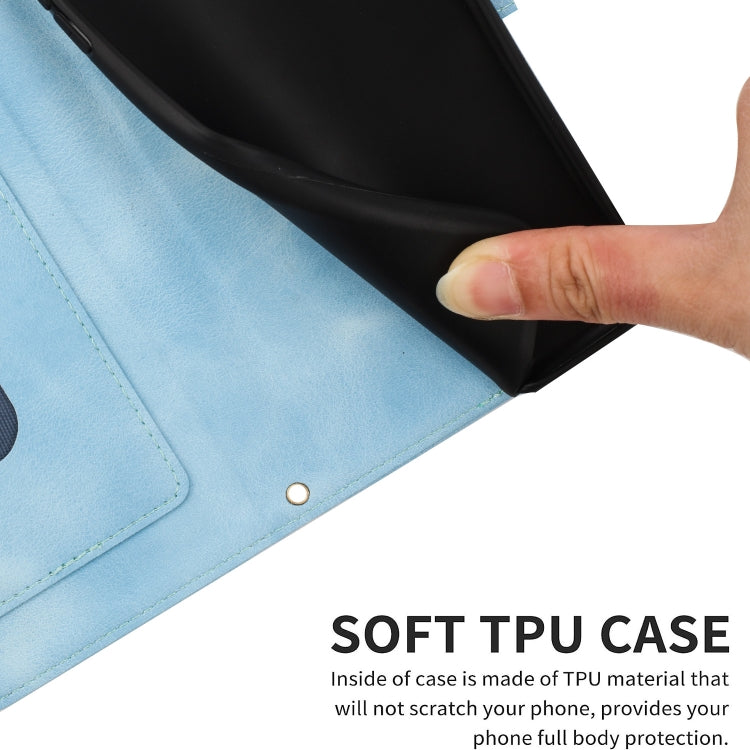 Funda de Cuero para iPhone 14 Pro con Estampado Floral y Cordón (Azul Claro)
