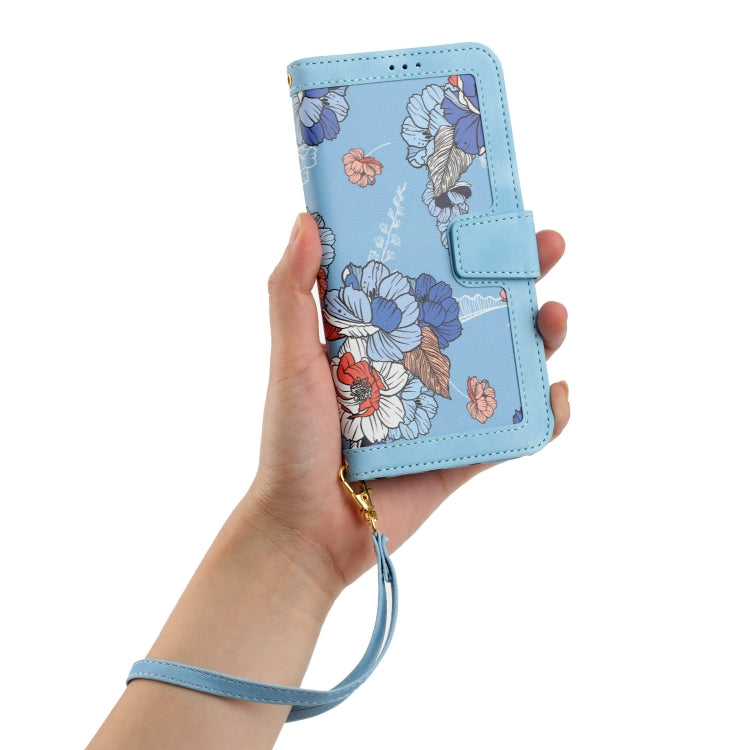 Funda de Cuero para iPhone 14 Pro con Estampado Floral y Cordón (Azul Claro)