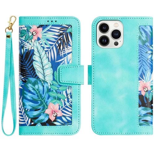 Funda de Cuero para iPhone 14 Pro con Estampado Floral y Cordón (Verde)
