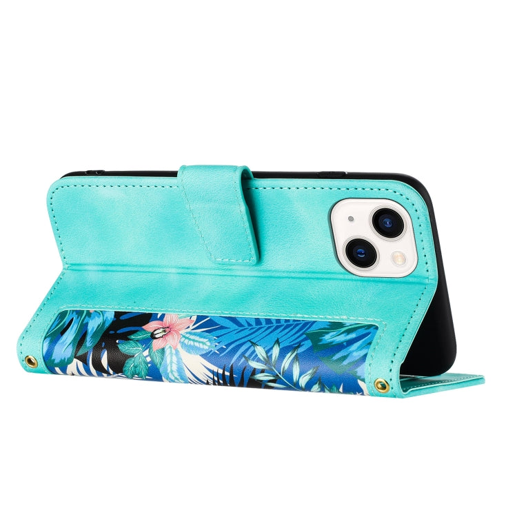 Funda de Cuero para iPhone 13 Pro Estampado Floral con Cordón (Verde)