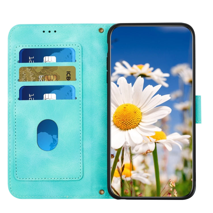 Funda de Cuero para iPhone 13 Pro Estampado Floral con Cordón (Verde)
