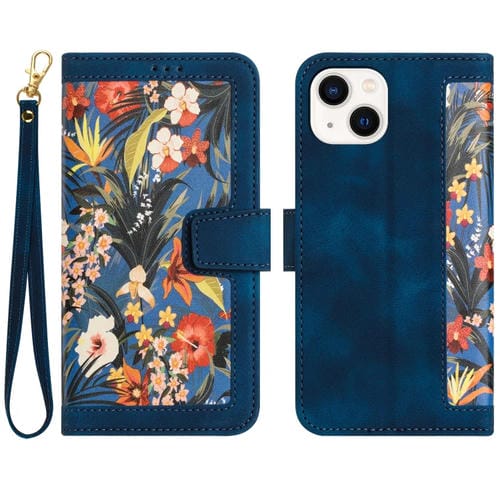 Funda de Cuero para iPhone 13 Mini Estampado Floral con Cordón (Azul Oscuro)
