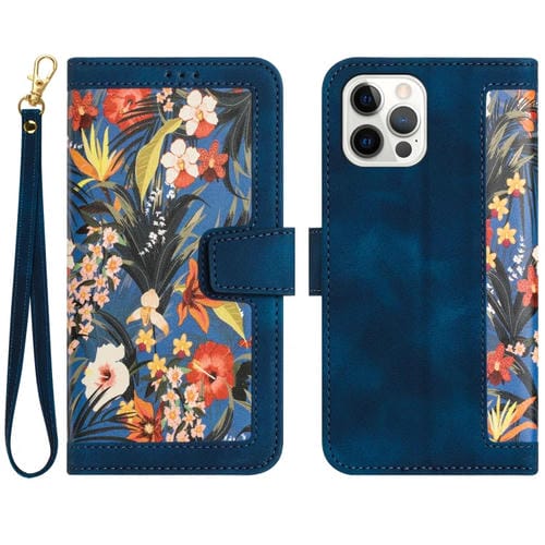 Funda de Cuero iPhone 12 Pro Max Estampado Floral con Cordón (Azul Oscuro)