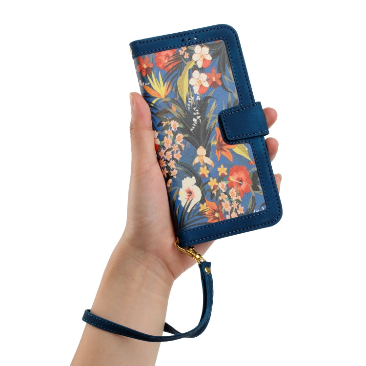 Funda de Cuero iPhone 12 Pro Max Estampado Floral con Cordón (Azul Oscuro)