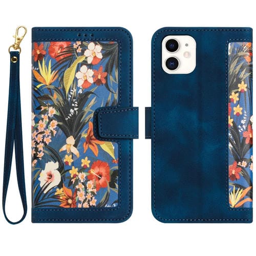 Funda de Cuero para iPhone 11 con Estampado Floral y Cordón (Azul Oscuro)