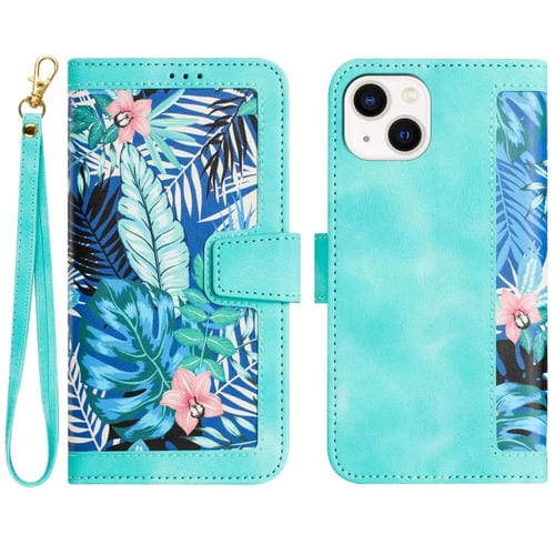 Funda de Piel para iPhone 13 con Estampado Floral y Cordón (Verde)