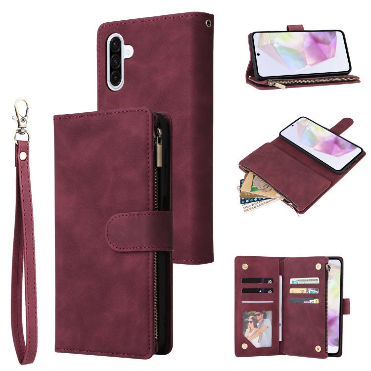 Funda de cuero multifuncional con cremallera esmerilada para Samsung Galaxy A17 5G (rojo vino)