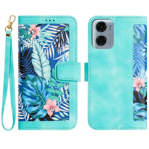 Funda de Cuero Motorola Moto G05 Estampado Floral con Cordón (Verde)