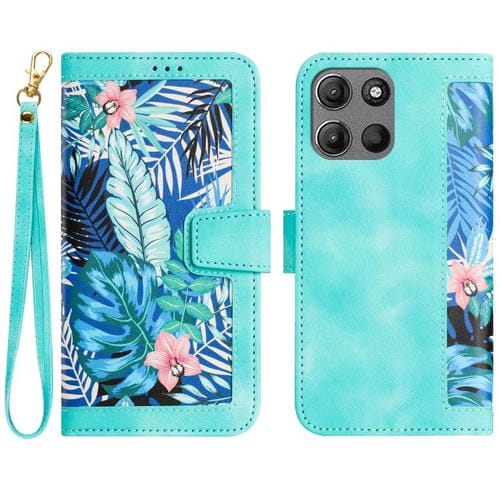 Funda de Cuero con Estampado Floral para Motorola Moto G 5G (2025) con Cordón (Verde)