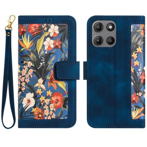 Funda de Cuero con Estampado Floral para Motorola Moto G 5G (2025) con Cordón (Azul Oscuro)