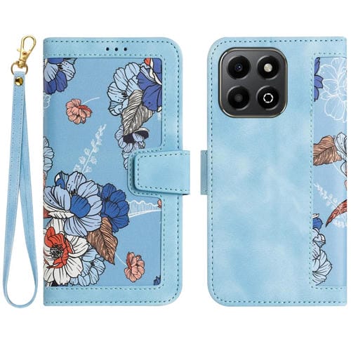 Funda de Cuero con Estampado Floral y Cordón para Honor X6B (Azul Claro)
