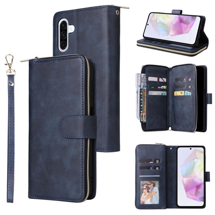 Funda de cuero con cremallera para Samsung Galaxy A17 5G, 9 ranuras para tarjetas, color azul