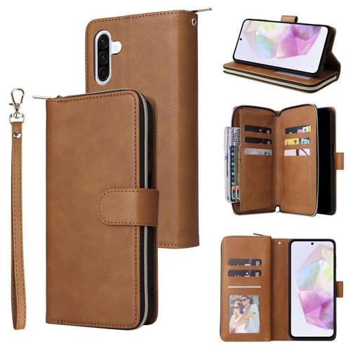 Funda de cuero con cremallera para Samsung Galaxy A17 5G, 9 ranuras para tarjetas (marrón)