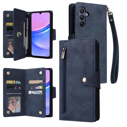 Funda de cuero con tres pliegues y hebilla de remache para Samsung Galaxy A26 5G (azul)