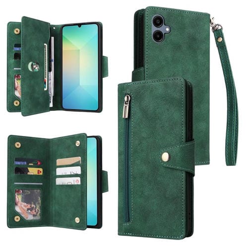 Funda de cuero con tres pliegues y hebilla para Samsung Galaxy A07 4G/5G, con remaches y 9 tarjetas (verde)