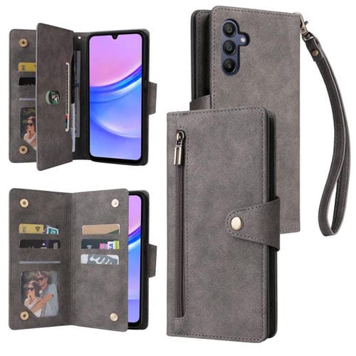 Funda de cuero con tres pliegues y hebilla de remache para Samsung Galaxy A17 5G (gris)
