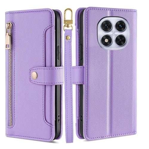 Funda de Cuero Tipo Cartera con Cremallera y Textura de Oveja para Redmi Note 14 Pro 5G (Morado)
