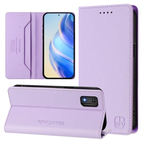 Funda de Cuero Rfid para Tecno Pop 6C y Itel A18 Rc01 con Doble Pliegue y Succión Magnética (Morado Claro)